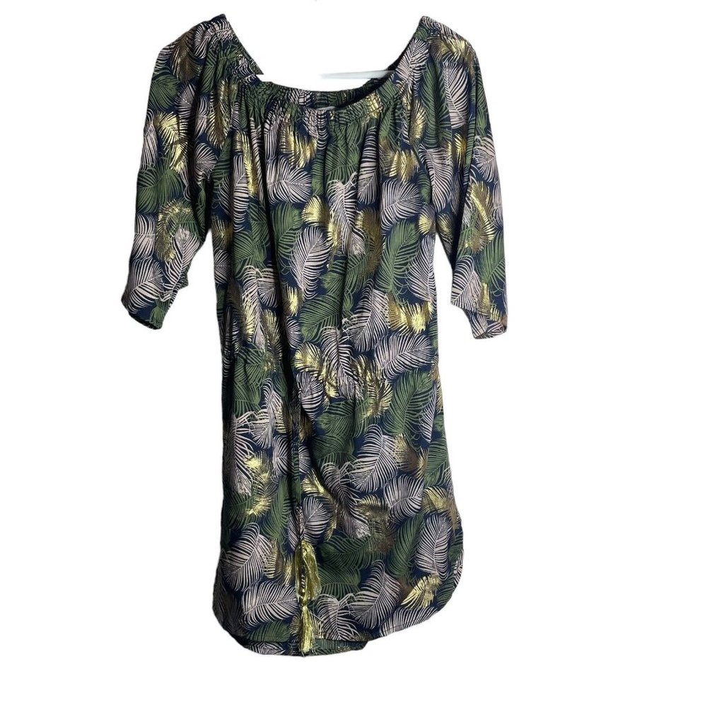 Blue River Off Shoulder Dress Womens L Blue Gold Tropical Palm Cruise Mini